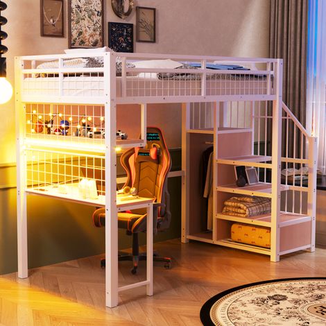 Lit mezzanine, lit 90x200 cm avec LED, prise de charge, armoire simple et bureau, métal, blanc , sans matelas