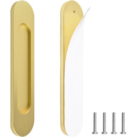 Lot de 2 poignées de porte coulissante ovales auto-adhésives en alliage d'aluminium brossé doré, poignées encastrées sans perforation pour porte de grange coulissante, fenêtres, armoires (1/5)