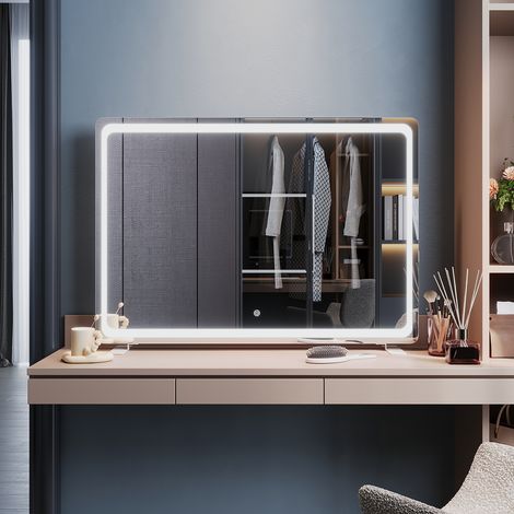 ELEGANT Freestanding Mirrors with Memory Function 3 Colors of Light Modes Dimmable Brightness and Built-In Socket, Wall-mounted or Desktop, 1000 x 700 x 35mm (1/5)