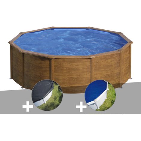Kit piscine acier aspect bois Gré Pacific ronde 4,80 x 1,22 m + Bâche d'hivernage + Bâche à bulles