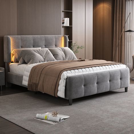 Lit capitonné, lit double avec bandes LED 16 couleurs sur les panneaux latéraux, tête et pied de lit matelassés, sommier métallique, tête de lit réglable sur trois hauteurs, velours, gris, 140 x 200 c (1/5)