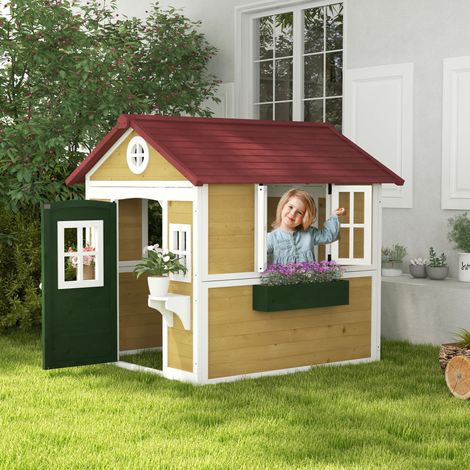 Cabane enfant extérieur maison enfant extérieure avec porte fenêtres et jardinières 114 x 126.4 x 135 cm beige (1/5)