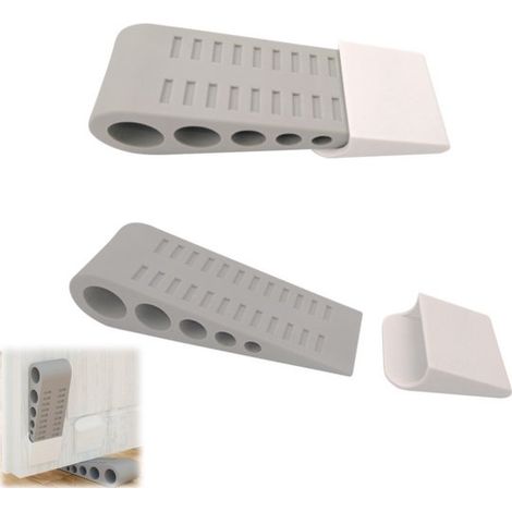 Set di 2 cunei fermaporta in gomma resistente con staffa - Protezione di sicurezza impilabile anti-pizzicamento - Grigio (1/5)