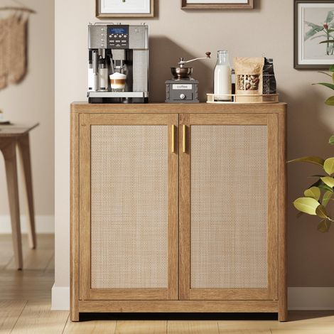 Buffet de Style Bohème avec Portes Effet Cannage Rotin, Meuble de Rangement, Coins Arrondis, Étagère Réglable, pour Cuisine, Salle à Manger, Marron Naturel BBK345KC01 (1/5)