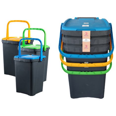 Conjunto de cubos de basura antirrobo de 3 piezas – Capacidad 50 L – Apilables y sobrepuestos – Ecoplast