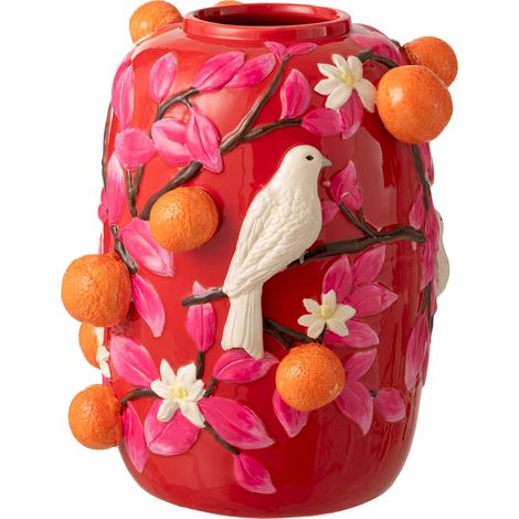 Vase oiseau en poterie rose orange - rose et orange (1/3)