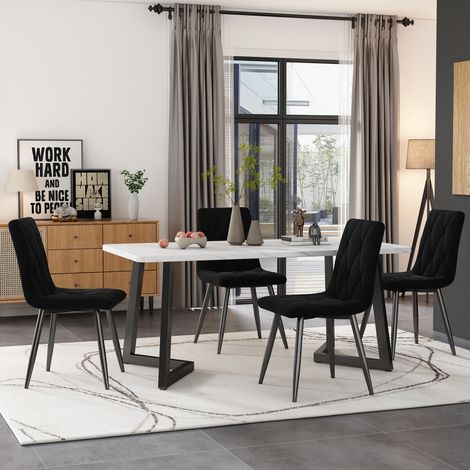 Ensemble de salle à manger MDF effet marbre blanc et velours noir, table 117x68 cm avec 4 chaises, pieds métal noirs (1/5)
