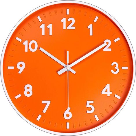 Horloge murale moderne, 3D numérique 30 cm, silencieuse, à quartz, orange, sans tic-tac
