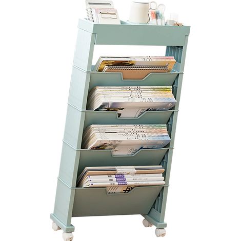 Étagère à livres à plusieurs niveaux avec roulettes universelles pour salle de classe, idéale pour le rangement de livres dans le salon. (1/5)