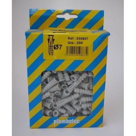 Boîte de 200 chevilles plastique avec collerette Ø 7x30mm pour béton brique pleine et parpaing PLOMBELEC