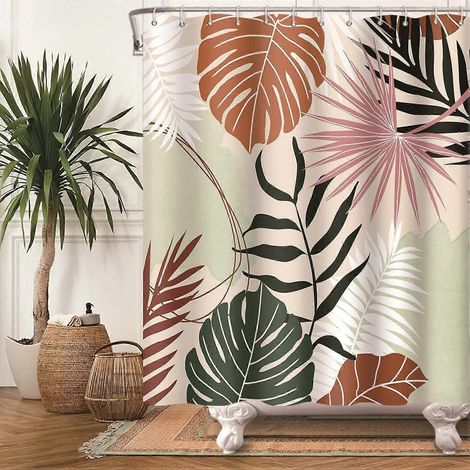 Rideau de douche botanique abstrait avec plantes tropicales, feuilles d'érable et de palmier, style médiéval bohème, pour garçon ou fille, 150 x 180 cm (1/5)