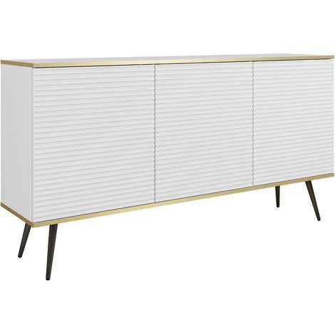 Buffet 160 cm, 3 portes, 6 étagères, façades rainurées, Blanc, pieds noirs, 160 x 39 x 85 cm (1/4)