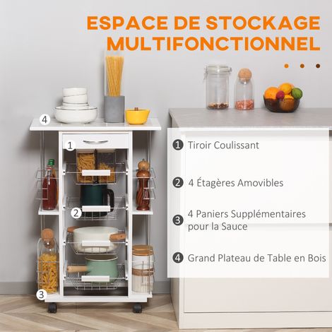 HOMCOM Chariot service cuisine 4 paniers métal tiroir 4 range-bouteilles pin plateau carrelé blanc