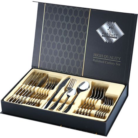 Ensemble cadeau de couverts en acier inoxydable de style western : couteau à steak, fourchette et cuillère. (1/5)