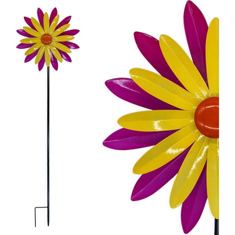 Buntes Metall Doppel Windrad BLUME mit Erdspieß - 114 x 29 cm - Gartenstecker Windspiel für Terrasse und Garten