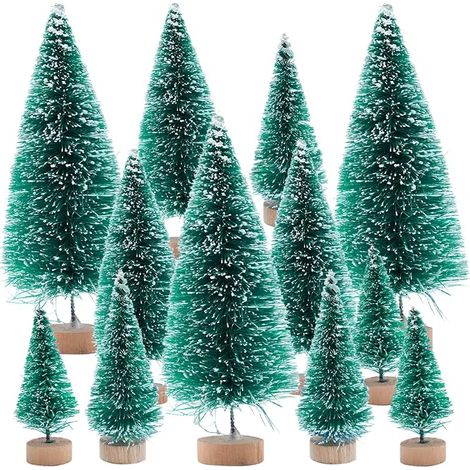 Lot de 12 mini sapin de Noël artificiel avec base en bois miniature - Sapin de Noël - Neige - Mini sapin artificiel pour décoration de table, vitrine, fête de Noël (1/5)