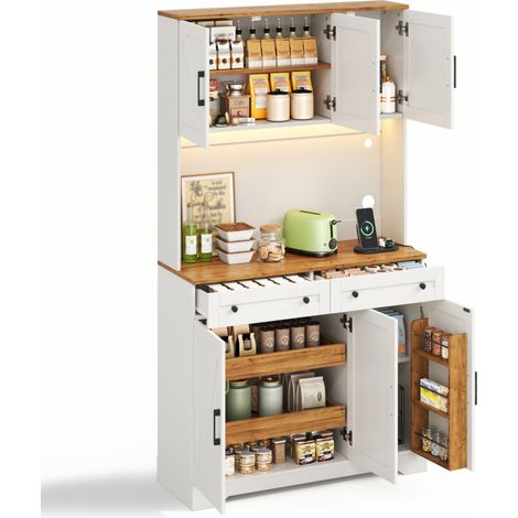 Buffet de cuisine haut avec LED RGB, prises intégrées, 2 tiroirs, organiseur coulissant et rangements de porte, blanc et bois clair, 180 cm - CHICFURN (1/5)