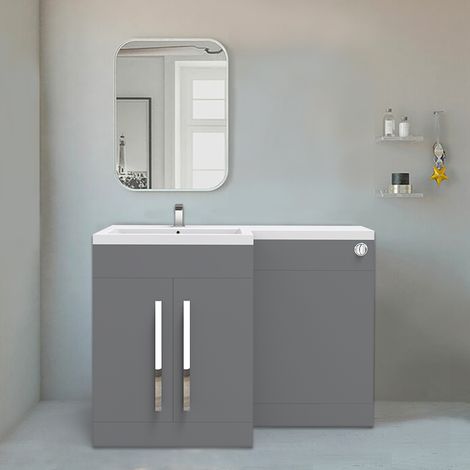L Shape Bathroom Furniture Cabinet Combination Vanity Unit Basin Left Hand Gloss Grey (1/4)