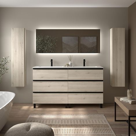 Meuble de salle de bain BEQUIA METAL 3C 160cm Naturel Vasque Vilna Solid Surface Centrale (1/4)