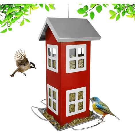 Relaxdays Vogelhaus, Metall, zum Aufhängen, HxBxT: 26 x 12 x 12 cm, kleines Vogelfutterhaus für Garten & Balkon, rot