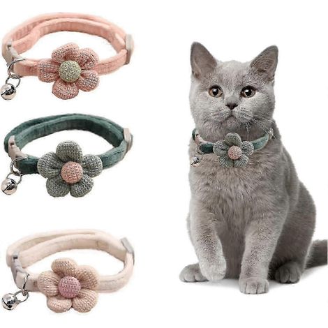 Lot de 3 colliers pour chat avec fleur, collier pour chaton avec clochette, collier de sécurité pour chat avec breloques florales, collier mignon en daim réglable pour chaton. (1/5)