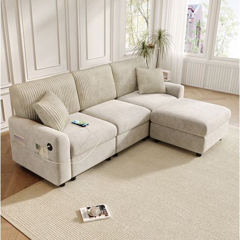 Canapé droit 3 places, avec 1 pouf, 2 coussins, ports USB et Type-C, en chenille et corduroy, beige (1/5)