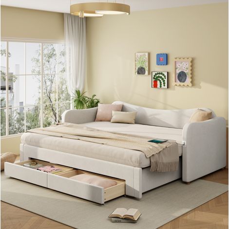 Cama nido 90x200 cm terciopelo beige con 2 cajones, sin colchón – MEUBLIV (1/5)