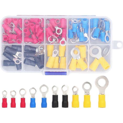 Kit de 102 connecteurs électriques à cosse annulaire isolée, 10 calibres variés, bornes ignifuges pour câblage, assortiment complet de sertissages (1/5)