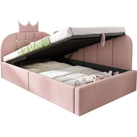 CHICFURN Lit simple banquette 90x200 cm en velours rose, lit de jour avec rangement hydraulique, design couronne et grille, idéal pour petite chambre et invités (1/5)