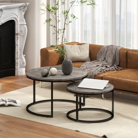 Lot de 2 tables basses gigognes empilable design industriel plateau imitation ciment pieds en métal gris