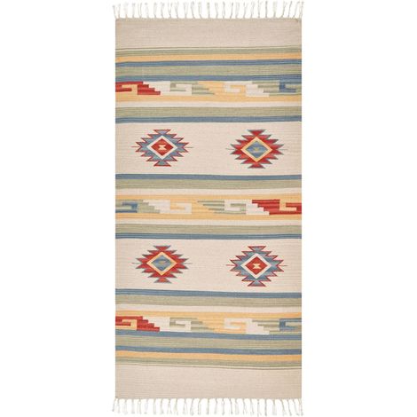 Tappeto Kilim Handwoevn in cotone Simboli geometrici reversibili con frange 80 x 150 cm Multicolore Aparan