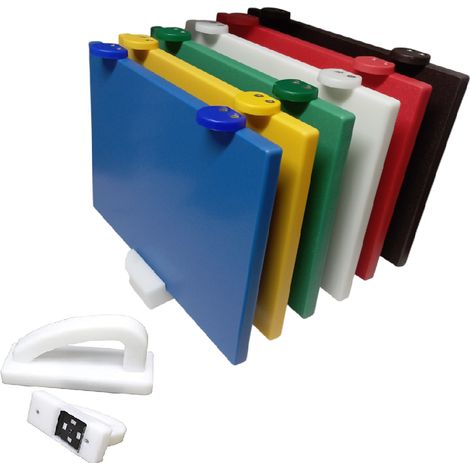 Kit 6 Taglieri Polietilene Grandi cm 60x40x2 Professionali con supporto  Raschietto pulizia e manutenzione certificati HACCP Portataglieri espositore 6 posti anticontaminazioni antibatterico per uso a