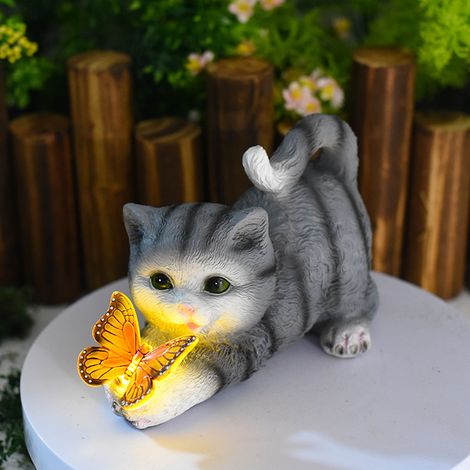 Figurine de chat gris en résine, alimentée à l'énergie solaire, décorative pour l'extérieur, à créer dans une cour. (1/2)