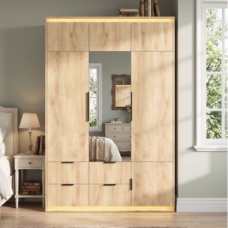 MODFU – Armoire 135x47x200 cm MDF – Miroir, LED, 4 tiroirs et penderie – 3 portes et 30/20 kg – Chambre – Chêne (1/5)