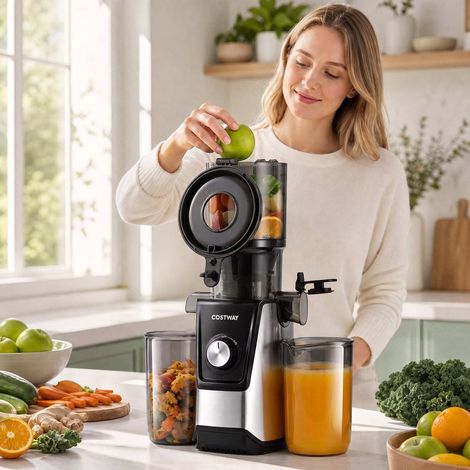 Extracteur de jus noir 160 W avec goulotte 11 cm pour fruits entiers et fonction inverse, pour cuisine et petit-déjeuner (1/4)