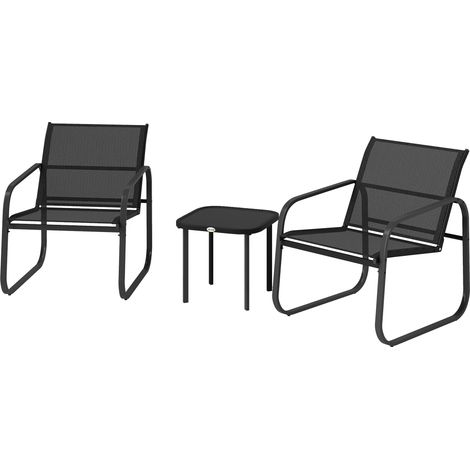 3-teiliges Garten-Set, bestehend aus 2 Sesseln aus Kunstharz und einem Couchtisch aus gehärtetem Glas, schwarz