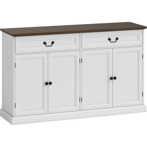 Buffet de salon blanc et marron 140x40x85 cm, meuble de rangement à 4 portes, 2 tiroirs à fermeture silencieuse, étagères ajustables. (1/5)