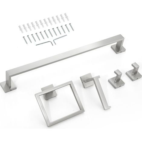 Mophorn Badezimmer Hardware Zubehör Set aus Edelstahl 304 (5-teilig) mit Handtuchstange, Handtuchhalter (quadratischer Ring), 2 Haken und Toilettenpapierhalter, für Wandmontage im Badezimmer, Silber (1/5)