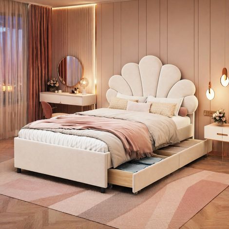 lit avec tiroirs 90x200 en velours rembourré beige HAVRYA (1/5)