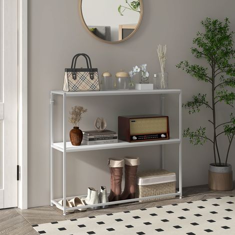 Table Entrée Étagère Ouverte Structure Anti-basculement Couloir Salon Mobilier Intérieur Acier Blanc 100x30x87cm