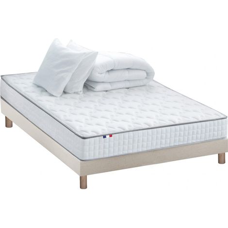Pack matelas ressorts ASTRE + sommier kit beige + couette et oreillers 140 x 190 cm (1/5)