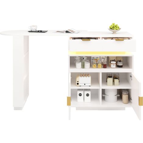 ELVMI Ausziehbarer Bartisch mit Stauraum, LED-Beleuchtung, Drehbarer Arbeitsplatte für Küche und Esszimmer, 115×40×99.5 cm (1/5)