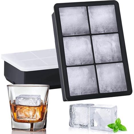 Vaschette per cubetti di ghiaccio in silicone di grandi dimensioni, 2 pezzi, con coperchi a tenuta stagna per whisky, cocktail e bevande fredde. (1/5)