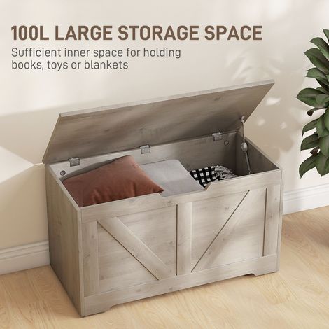Coffre de rangement en bois gris imitation bois de 80 cm (31,5 pouces) avec 2 charnières de sécurité, idéal pour le salon ou comme coffre décoratif. (1/5)