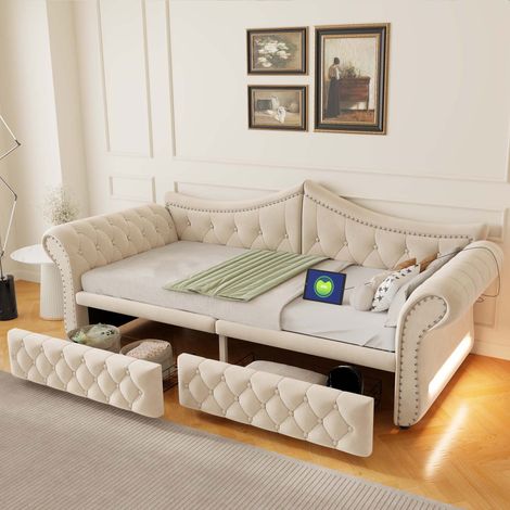 Sofá cama tapizado 90x200 cm en terciopelo, diván con 2 cajones, puerto USB, iluminación LED y tachuelas, beige (1/5)