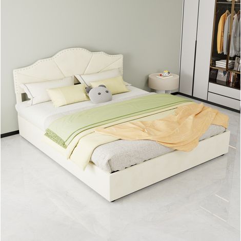 Bett Doppelbett gepolstert 160x200 Stoff Beige HAVRYA (1/5)