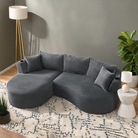 Canapé 3 places gris avec méridienne gauche et pouf en foam (1/5)