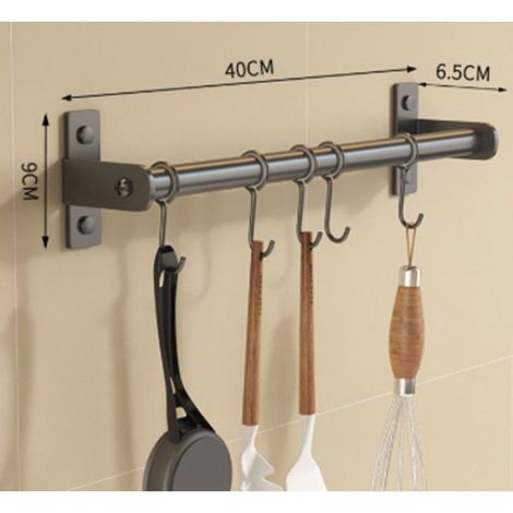 Barre de suspension murale pour cuisine avec 5 crochets, organisateur de rangement mural pour ustensiles de cuisine, solution de rangement pratique et robuste (1/4)