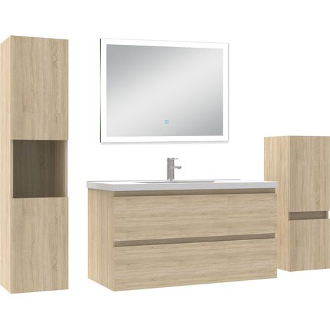 Acezanble Ensemble meuble Salle de Bain 100cm avec simple vasque et colonne et miroir lumineux dimmable chêne wotan