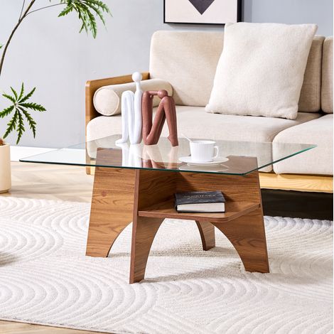 Table basse carrée en verre trempé transparent et MDF noyer 80 x 80 cm (1/5)